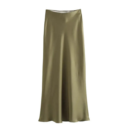 TRAF Woman 2024 Satin Skirt Women High Waist Long Skirts For Women Summer Black Midi Skirt Office Elegant Women's Skirts