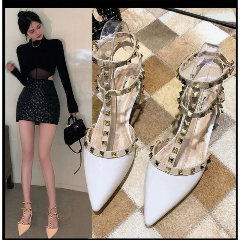 2024 Summer high-heeled women's sandals Fashion brand design pointed rivet red casual shoes