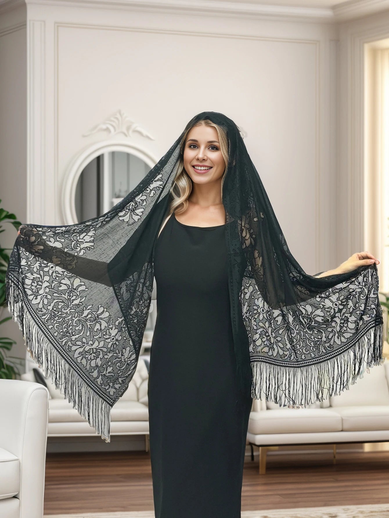 1pc Plain Lace Shawl Scarf With Tassel Fringe For Fashion, Elegance, Versatility At Dance, Wedding, Evening Party, Beach, And Tr