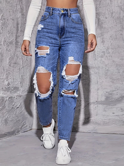 American Retro Hole-punched Jeans Women High Waist Straight-crotch Loose Slim Design High-street Vibe Wide-legged Dragging Pants