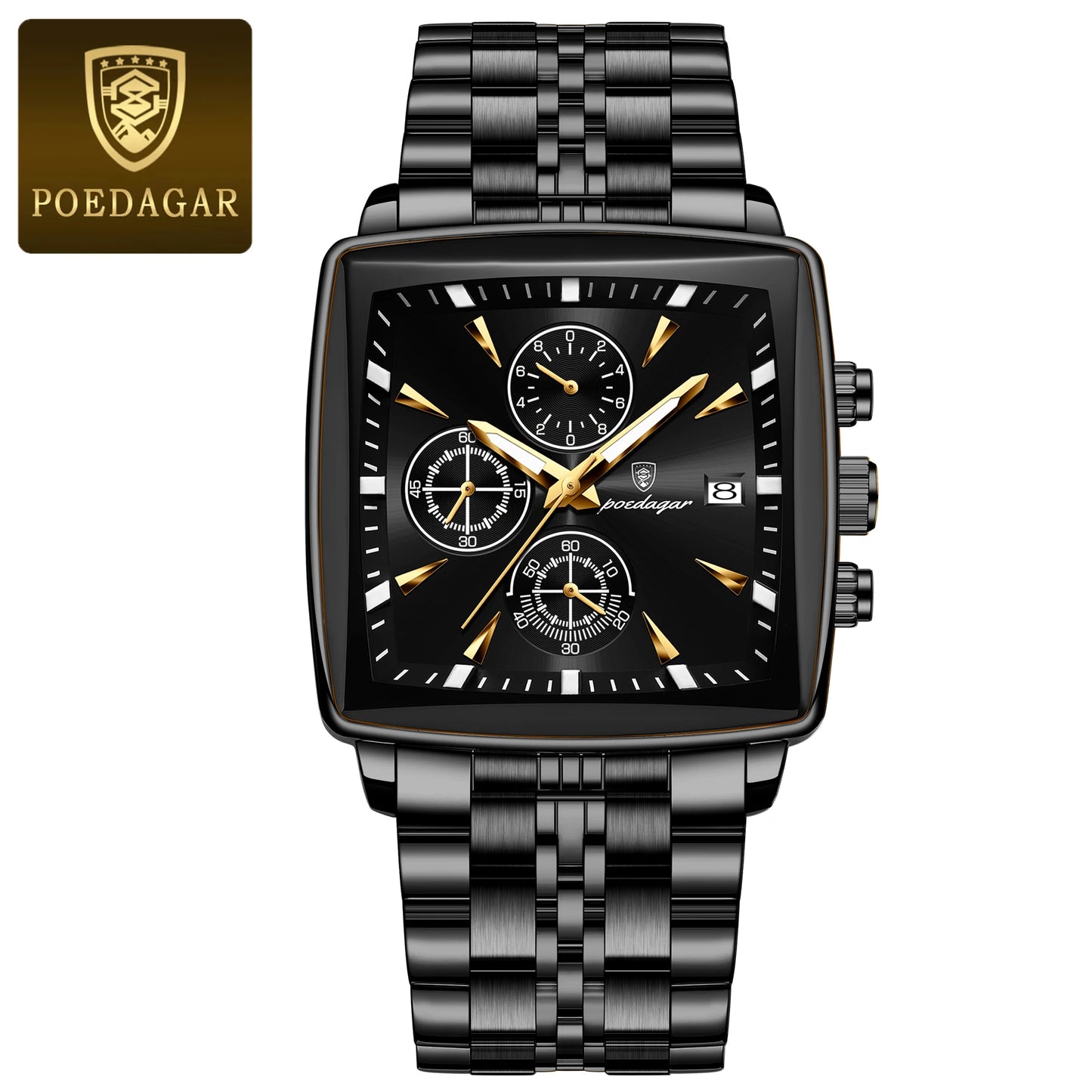 POEDAGAR Luxury Square Sport Man Wristwatch Waterproof Luminous Chronograph Quartz Men's Watches Stainless Steel Men Watch Reloj