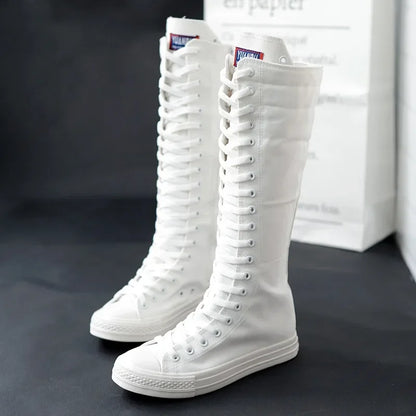 Canvas Long Boots for Women High Top Women Canvas Shoes Lace Up Knee High Boots Flats Casual Vulcanized Shoes Sneakers Girls