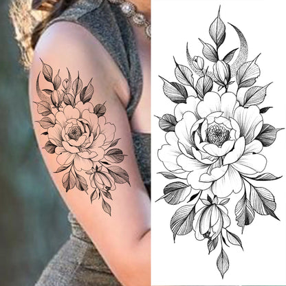 10 hojas de tatuajes temporales de flores para mujeres, tatuajes falsos para brazos y piernas, calcomanías realistas de rosas negras, peonías, serpientes, tatuajes sexys, arte corporal