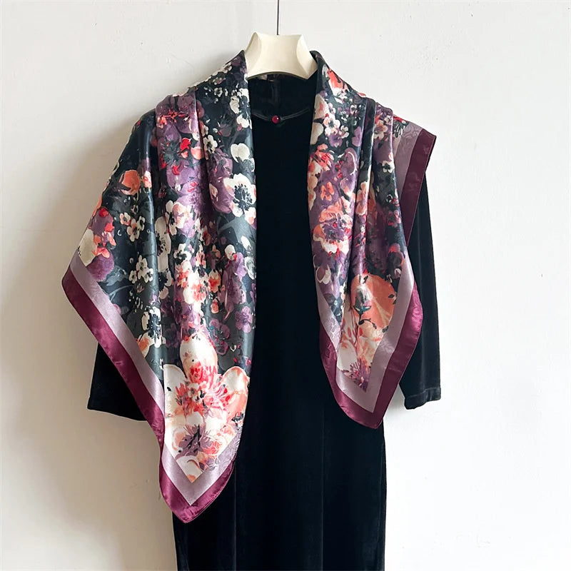 90*90Cm Square Scarf Twill Silk Feeling Women Head Shawls and Wraps Luxury Hair Tree Print Neck Scarves Hijab Bandana Pashmina