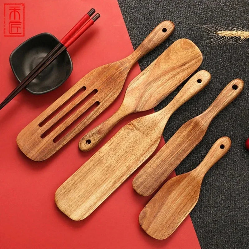 5PCS Teak Cooking Spoon Set Natural Wooden Ladle Skimmer Utensils Wooden Spatula Dim Sum Shovel Steak Shovel Kitchen Tools