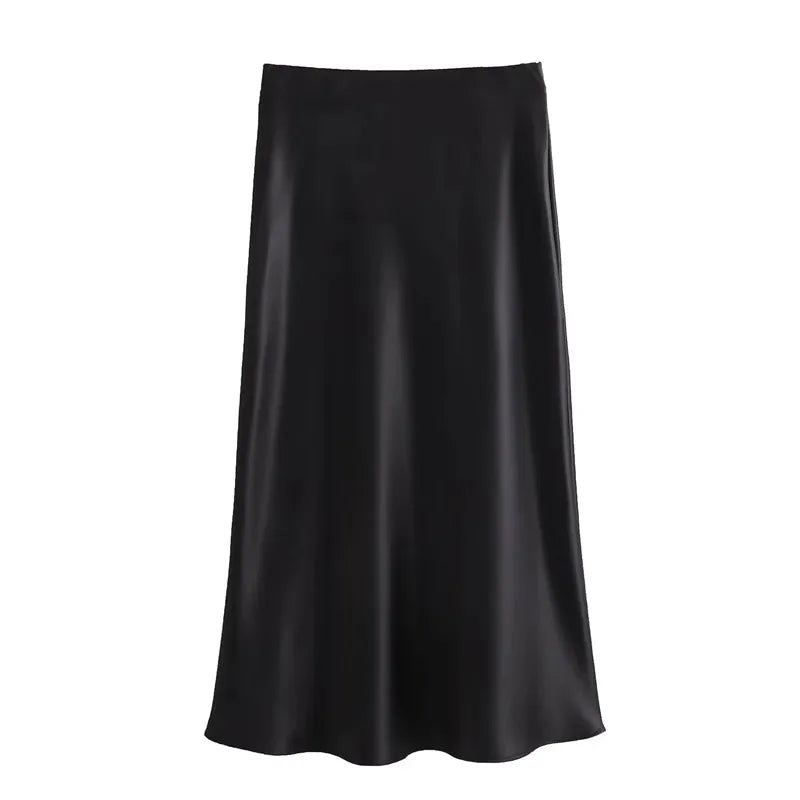 TRAF Woman 2024 Satin Skirt Women High Waist Long Skirts For Women Summer Black Midi Skirt Office Elegant Women's Skirts