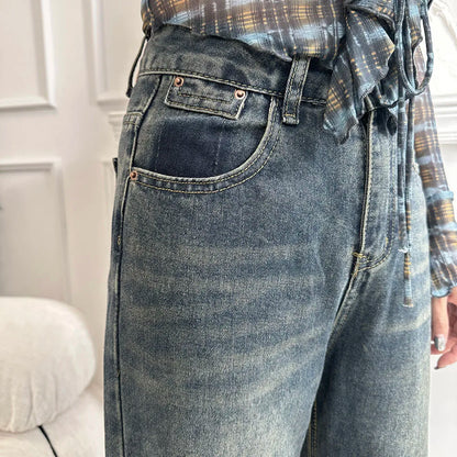 Fleece-lined Straight Denim Pants For Female Autumn Winter Pear Shaped High Waist Loose Slim Fit Wide Legged Jeans For Women