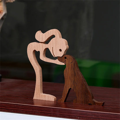 Family Puppy Wood Dog Craft Figurine Desktop Table Ornament Carving Model Home Office Decoration Pet Sculpture Christmas Gift