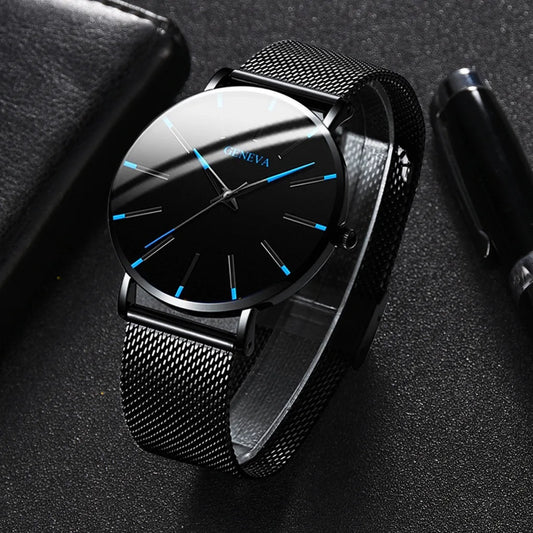 Fashion Mens Business Black Watches Luxury Stainless Steel Ultra Thin Mesh Belt Quartz Men Wrist Watch Casual Classic Male Watch