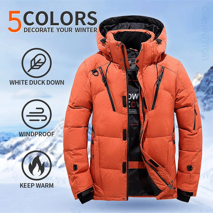 Winter Down Jacket Men White Duck Coat Windproof Warm Travel Camping Overcoat New in Thicken Solid Color Hooded Male Clothing