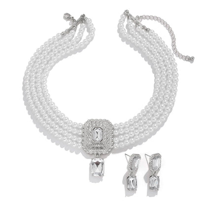 Lacteo Retro 2 piezas/set collar de cadena de perlas de imitación de múltiples capas pendientes de botón para mujer elegante joyería para banquete de boda traje nuevo