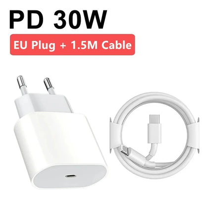 PD 30W EU US Fast USB C Charger For iPhone 8 14 Plus 13 12 11 Pro XS Max XR X SE 1m 1.5m 2m Rapid Charging PD Cable Accessories