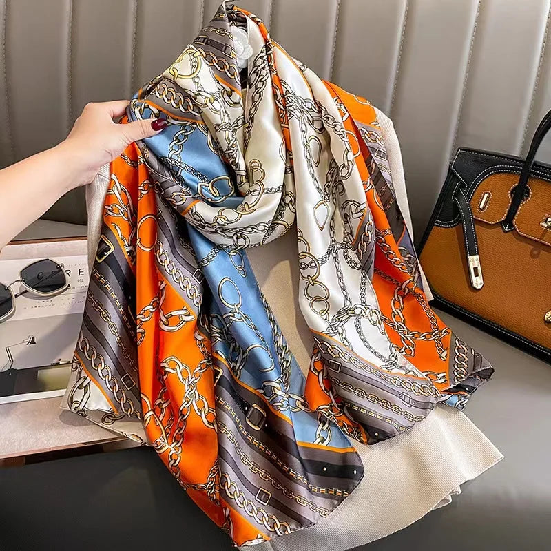 Women Fashion Print Silk Scarf Luxury Brand Warm 180X90CM Scarves Popular Lrage Satin Finish Shawl The Four Seasons Design Hijab