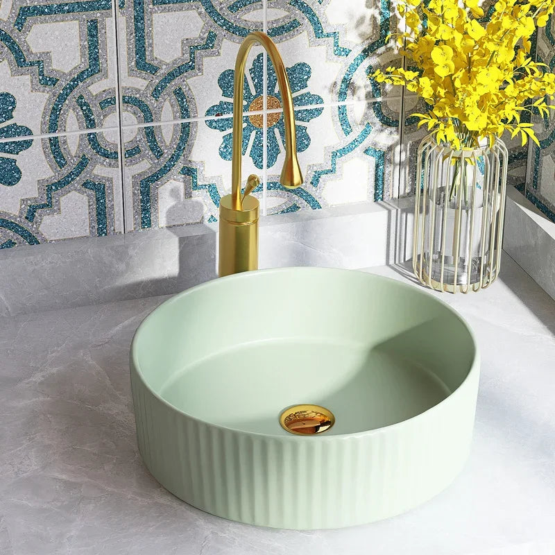 40cm/35cm Round Ceramic WashBasin Mini Creative Strip Round Green Bathroom Sink Home Balcony Small Size Countertop Vessel Sink