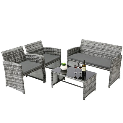 4Pcs Rattan Garden Furniture Set Garden Sofa Set Outdoor Table and Chairs, 3-Sofa, 1 Glass Table Patio Furniture Set