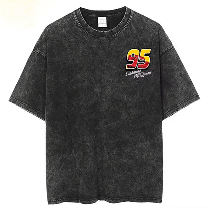 Washed T Shirts Lightning McQueen Cars 95 Hip Hop Vintage T-Shirts Harajuku Streetwear Cotton Summer Tops Tee Shirt Men Women