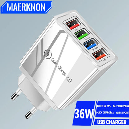 4 Ports USB Charger Quick Charge 3.0 Wall Charger Fast Charging For iPhone 15 14 Samsung Xiaomi EU/US Plug Phone Charger Adapter