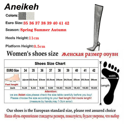 Aneikeh Sexy Bling Rhinestone Mesh Shoes Over The Knee Boots Women Pointed Toe Sandals Nightclub High Heels Botas Femininas 2024