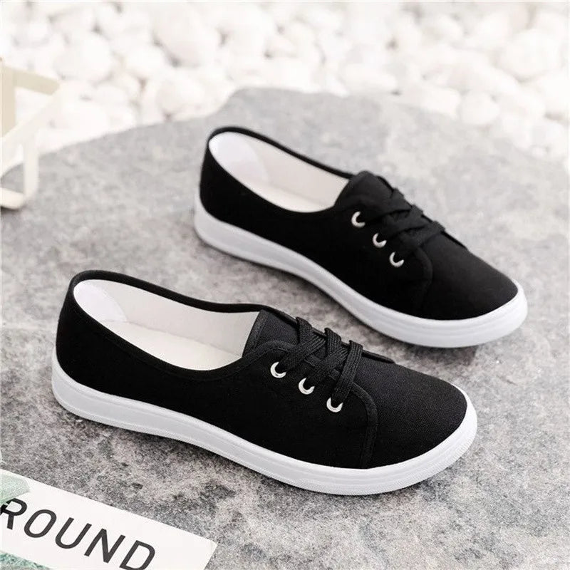 Lady Classic Round Toe White Canvas Shoes for Student School Women Cool Black Comfort Street Lace Up Shoes Zapatos De Mujer F921