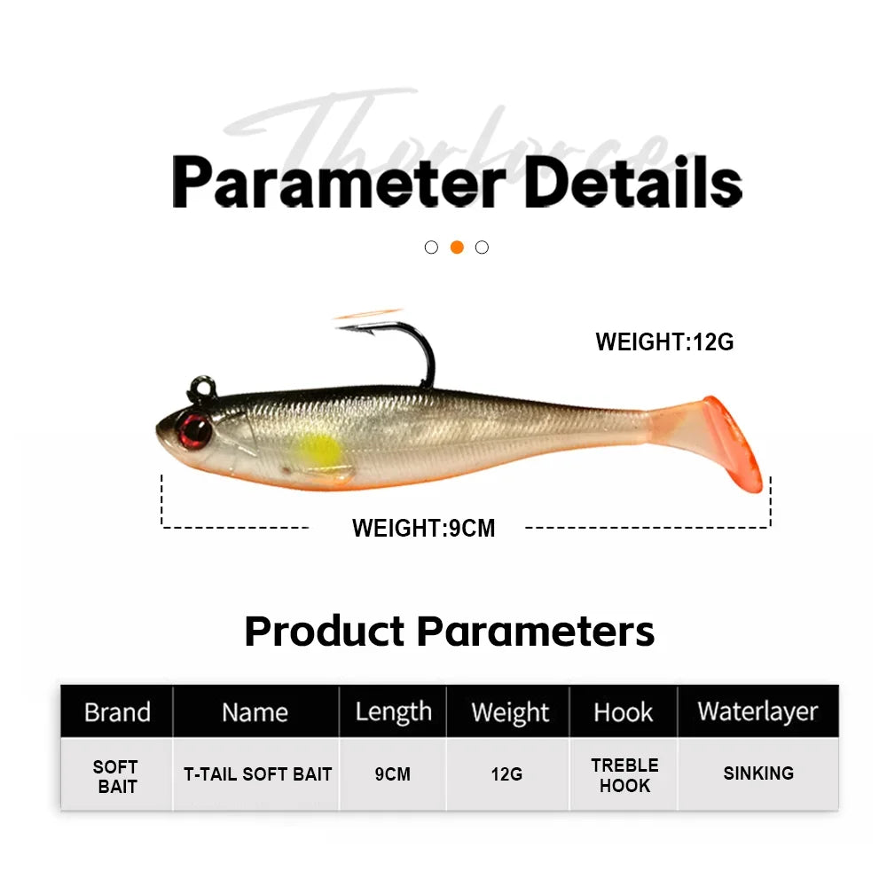 THORFORCE Soft T-Tail Fishing Lure Artificial Bait Wobbler Walleye Perch Bass Pike Paddle Tail Swimbait