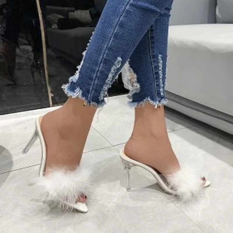 2022 New Summer High-heeled Plus Size Sandals and Slippers Women Fine-heeled Suede Furry Pointed Toe Fashion Women's Shoes