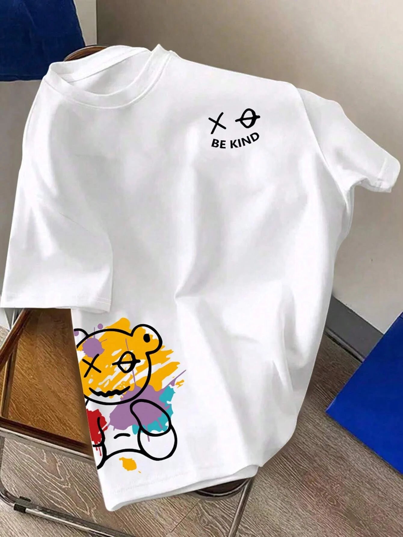 Men's 100% pure cotton summer loose size BE KIND letter cartoon print casual comfortable round neck short sleeved T-shirt top