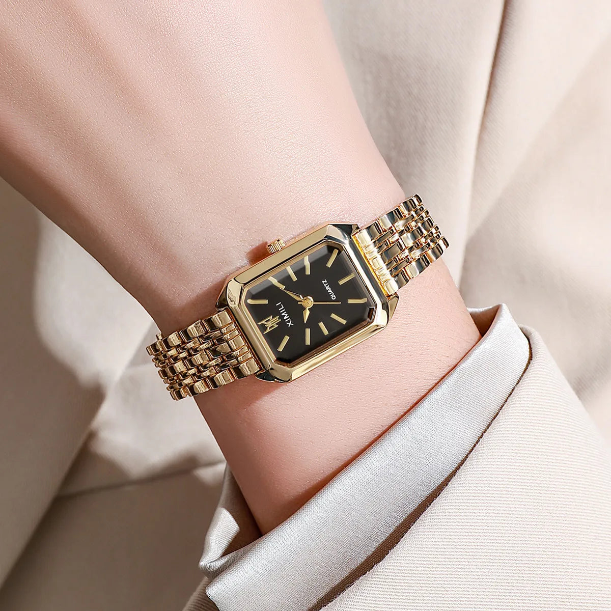 Women Watches Business Luxury Ladies Fashion Quartz Watch Simple Scale Square Quality Gold Plated Stainless Steel Folding Clock