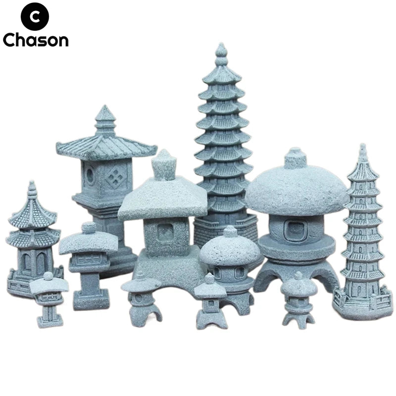 Miniature Sand Stone Tower Pavilion Ornaments Lantern Figurines Fairy Garden Bonsai Rockery Lanscaping for Terrarium Room Decor