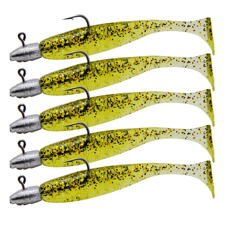 5Pcs/Lot T-tail Soft Fishing Bait Matched With Jig Head Hooks Artificial Wobblers Swimbait Fishing Tackles For Bass Pike Pesca