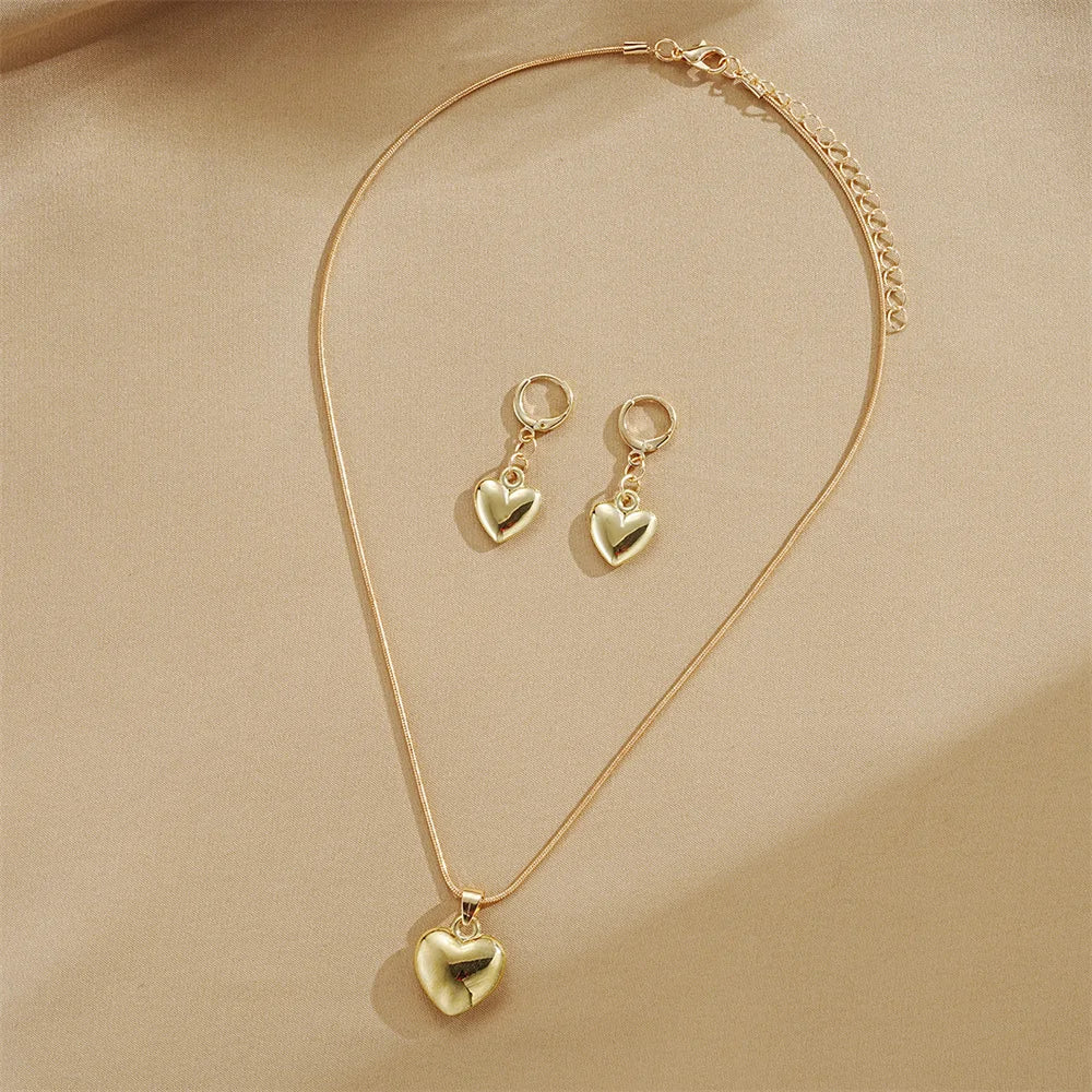 Glossy Gold Plated Metal Love Heart Dangle Earrings Necklace Jewelry Set for Women Simple Dainty Daily Wear Outfit Accessories