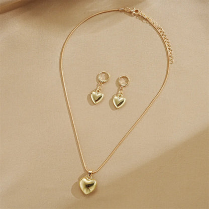 Glossy Gold Plated Metal Love Heart Dangle Earrings Necklace Jewelry Set for Women Simple Dainty Daily Wear Outfit Accessories