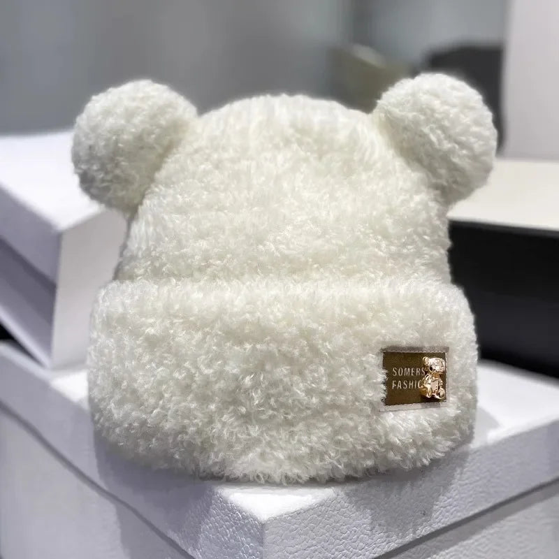 Cute Winter Plush Beanie Cap for Women Cartoon Bear Ear Knitted Wool Hat Female Girls Solid Color Thicken Lamb Fleece Hats