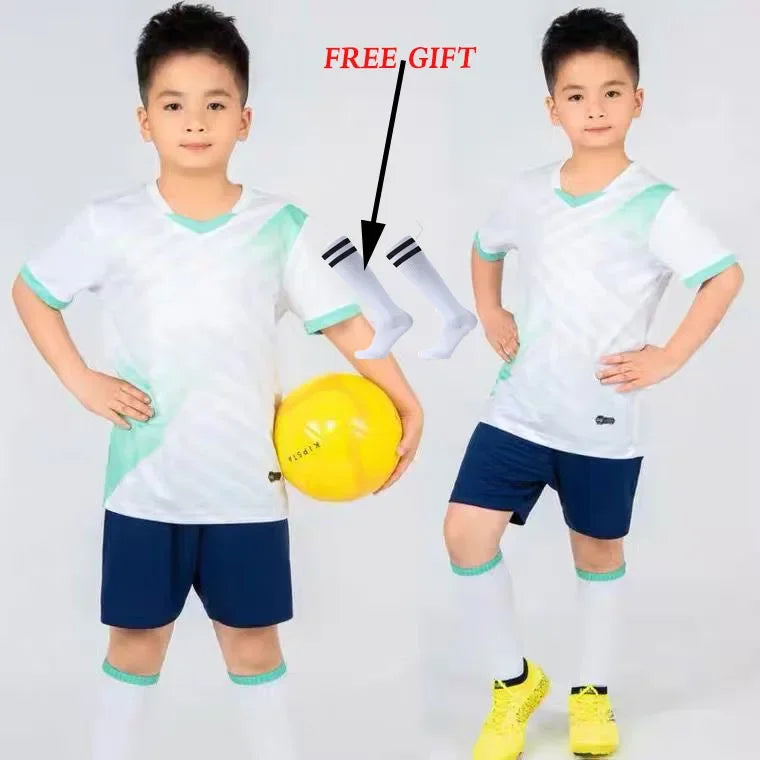 Boys Football Jersey tracksuit Child Soccer Sports Uniforms Kids Play Ball Sportswear Kits vest children's football suit Socks 1