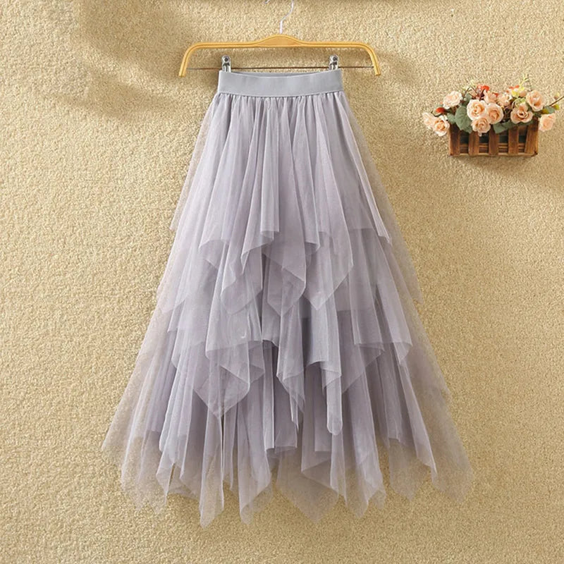 Summer Irregular Lace Mesh Skirt Womens High Waist Underskirt Ballet Irregular Skirt Long Midi Skirts Mesh Pleated Skirt