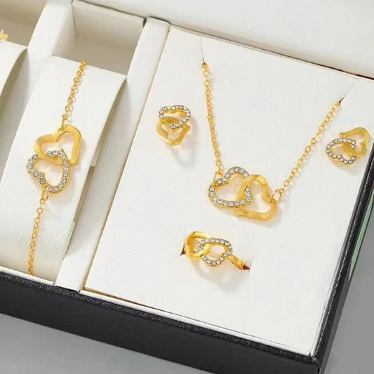 5PCS/Set Heart Shaped Jewelry Sets Of Ring Earrings Necklace For Women Elegance Rhinestone Double Heart Jewelry