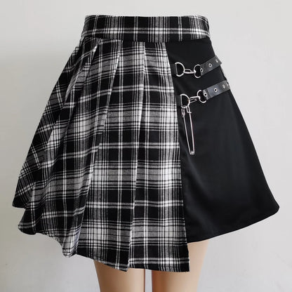 FICHOR Mall Goth Gothic Lace Ruffle Mini Skirts Womens Harajuku Fairy Grunge Pink Plaid Pleated Skirt Japanese Lolita Streetwear