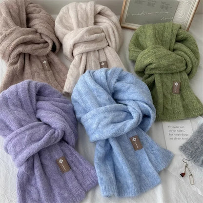 Pure Color Twist Knit Wool Blends Scarf Autumn Winter Lady Men Neckerchief Lovers Student Soft Warm Pashmina Shawl Muffler