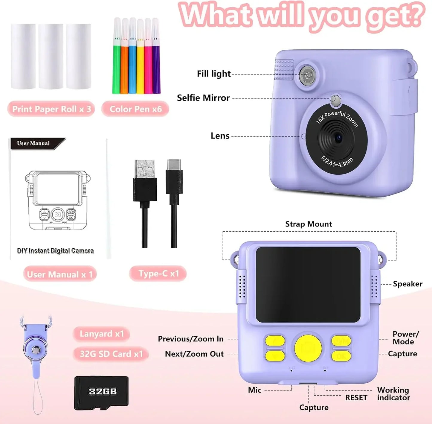 Mini Instant Camera for Boys and Girls, Portable Rechargeable Children's Digital Camera, HD Kids Camera with 32GB Memory Card