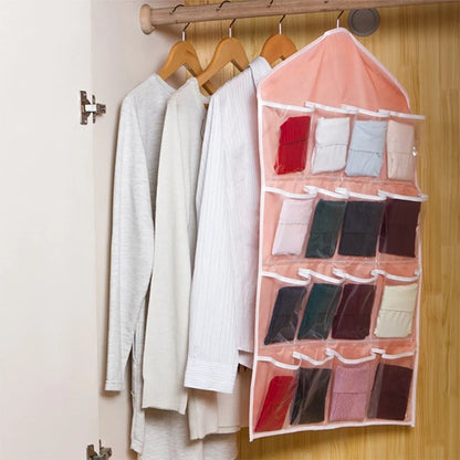 Hot 16 Grid Pockets Clear Hanging Bag Socks Bra Underwear Stationery Rack Hanger Storage Saving Space Tidy Organizer