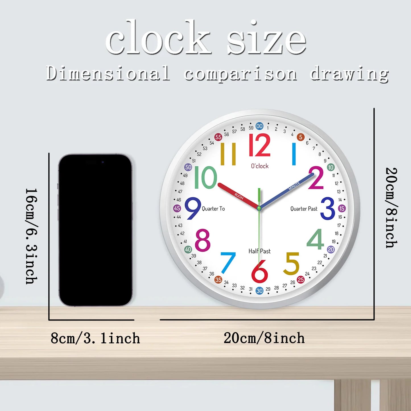 8inch Modern Simple Plastic Glass Wall Clock Living Room Bedroom Kitchen Home Decoration Wall Clock Silent Quartz Clock Holiday Gift (No Battery)