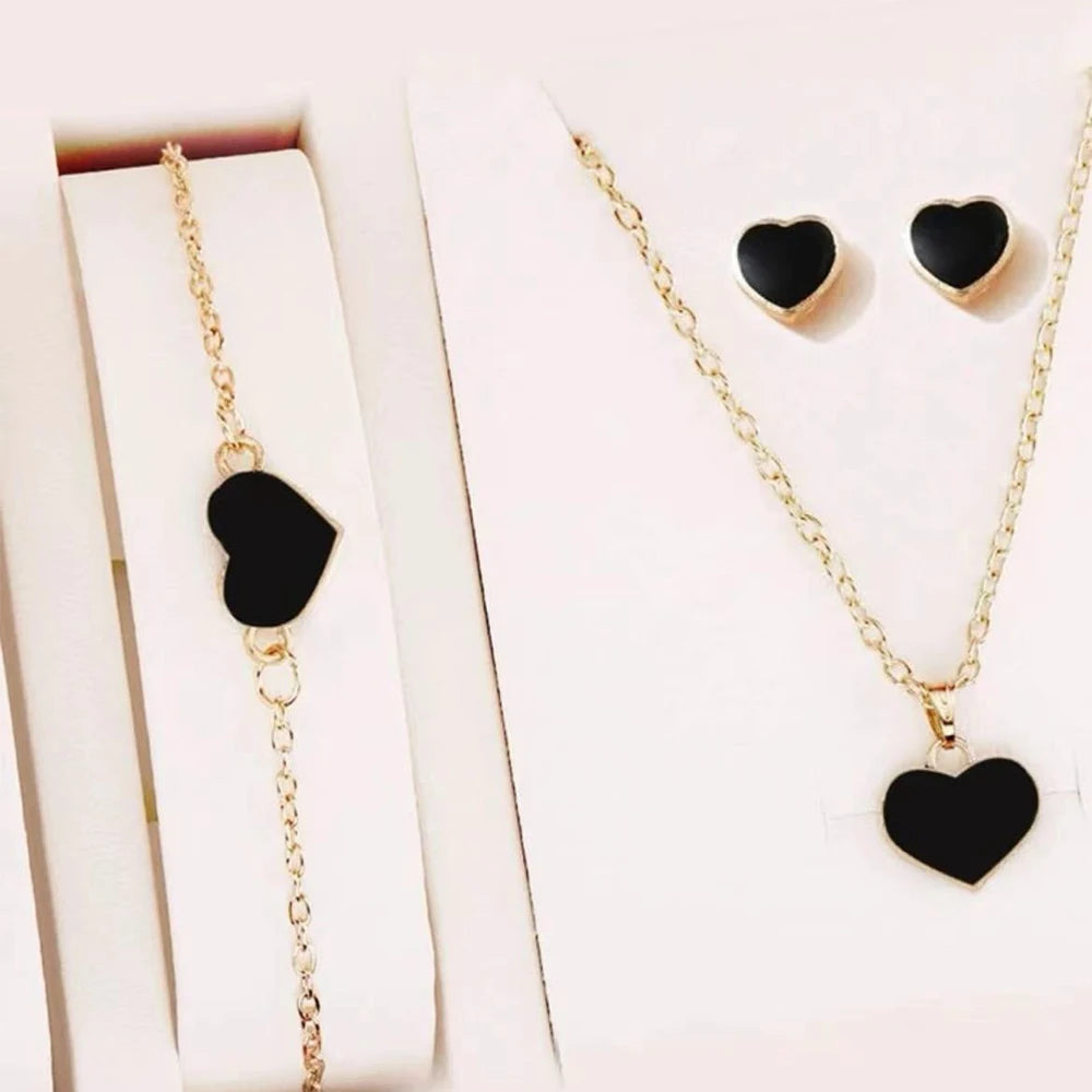 5 Piece Set Women Black Heart Jewelry High End Fashion Creativity Suitable Gift Giving Necklaces Bracelets Rings Earrings Set