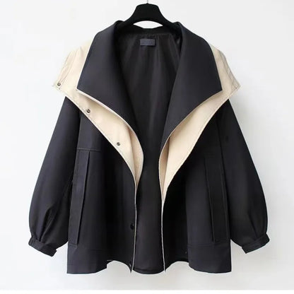 Autumn Chic Women's Windbreaker Contrast Fake Two-Piece Zip Button Wind Coat Belt Hoodie Casual All-Match Trend Outwear Jacket