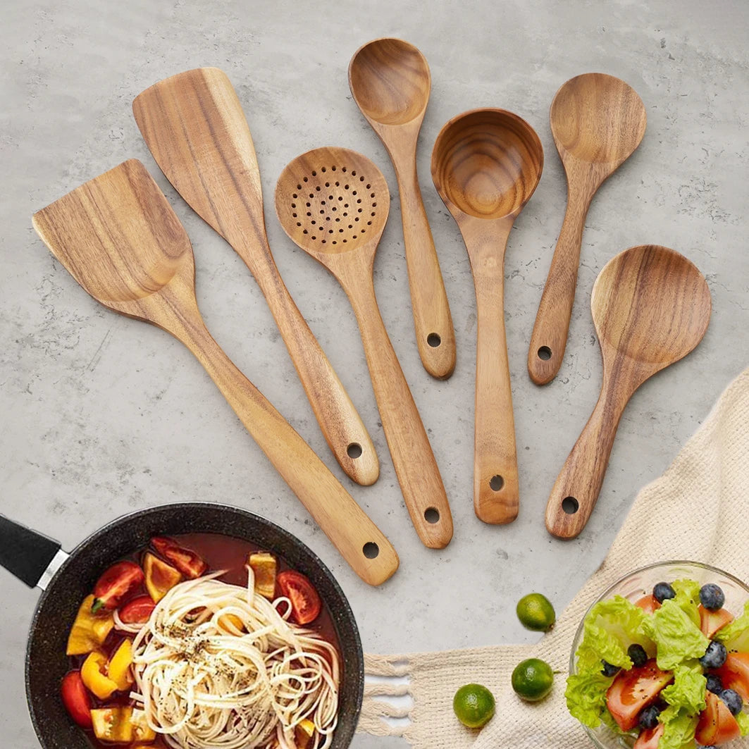 Reusable Natural Wood Cooking Utensil Set Spatula Soup Spoon Brush Ladle Pasta Colander Non-stick Cookware Home Kitchen Tool Kit