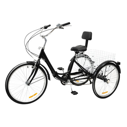 Foldable Adult Tricycle 24-Inch 7-Speed 3-Wheeled Bicycle Adjustable Road Trike Bike with Basket and Backrest Seat for 1.6-1.8m