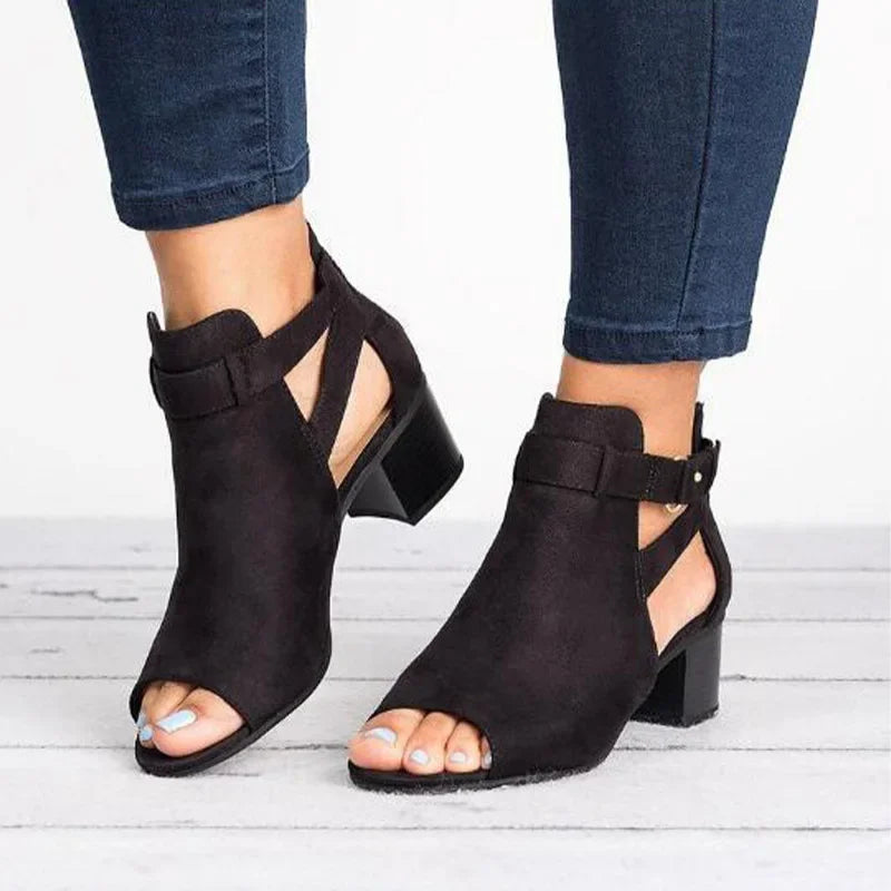 2023Women Sandals  Chunky High Heels Soild Gladiator Open Peep Toe Women Black Shoes Buckle Back Zipper Sandalias De Mujer