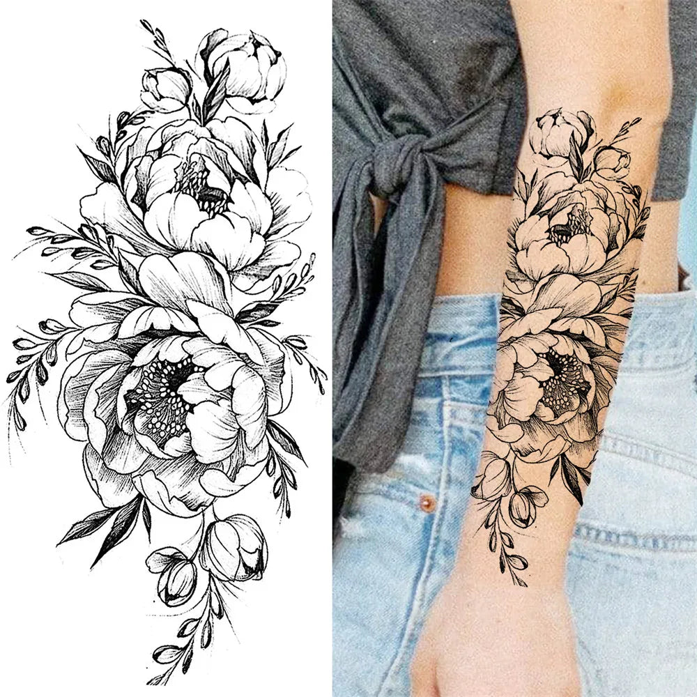 10 hojas de tatuajes temporales de flores para mujeres, tatuajes falsos para brazos y piernas, calcomanías realistas de rosas negras, peonías, serpientes, tatuajes sexys, arte corporal