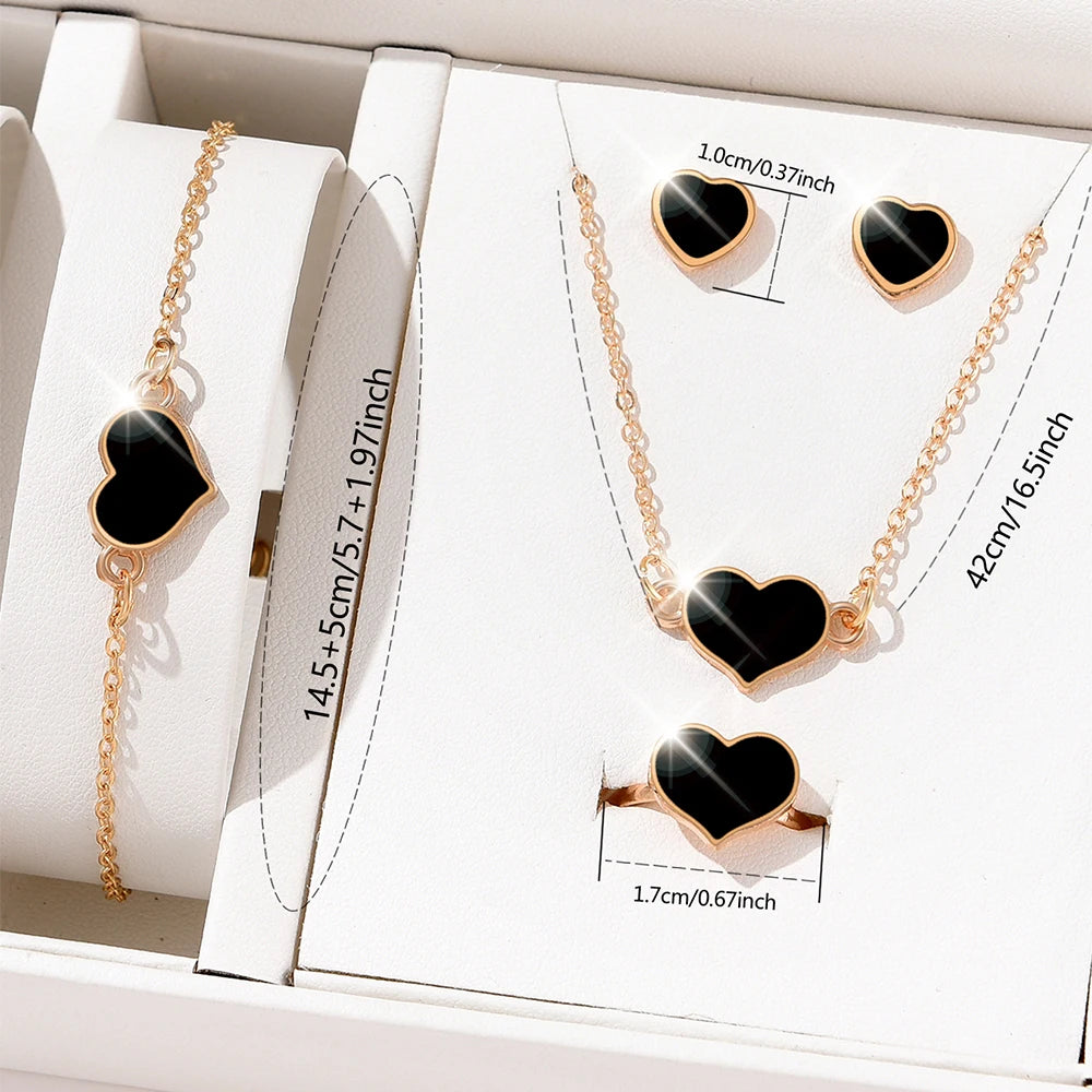 5 Piece Set Women Black Heart Jewelry High End Fashion Creativity Suitable Gift Giving Necklaces Bracelets Rings Earrings Set