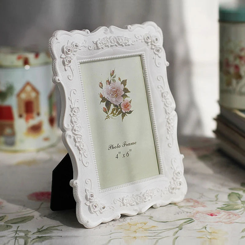 6/7/8inch Retro White Photo Frame European Style Resin Rose Flower Poster Picture Frame Stand Home Office Tabletop Decoration