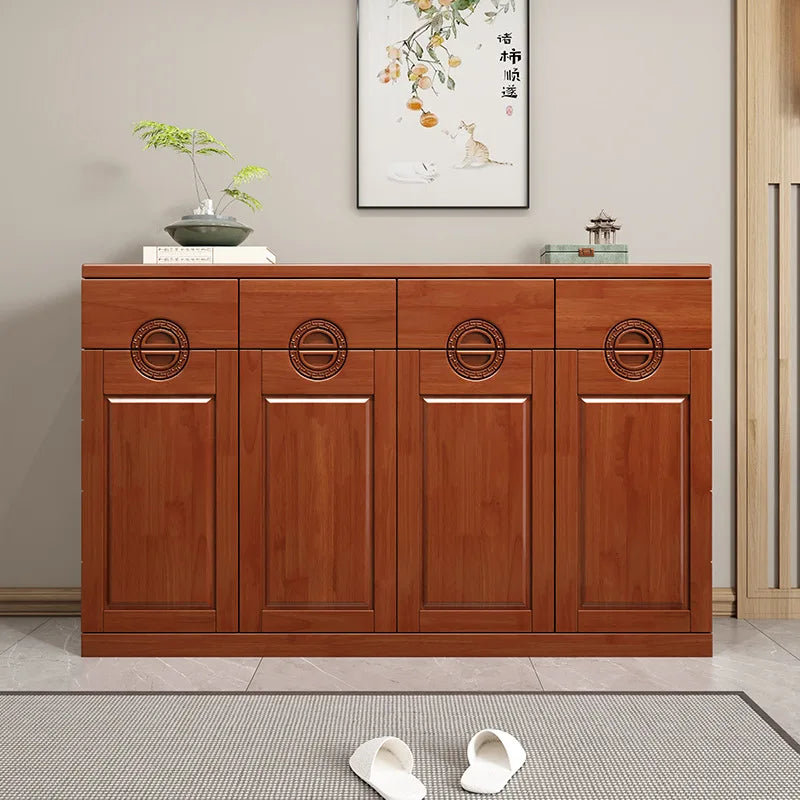 Chinese S49 solid wood floor-standing large capacity entrance cabinet simple modern carved craft multi-layer shoe cabinet