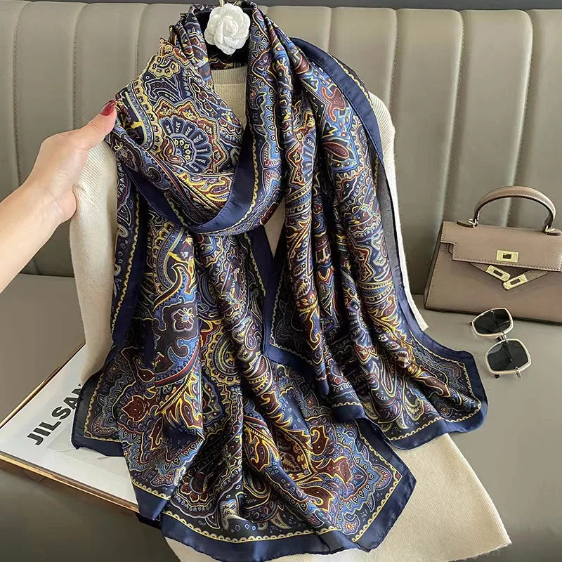 Women Fashion Print Silk Scarf Luxury Brand Warm 180X90CM Scarves Popular Lrage Satin Finish Shawl The Four Seasons Design Hijab